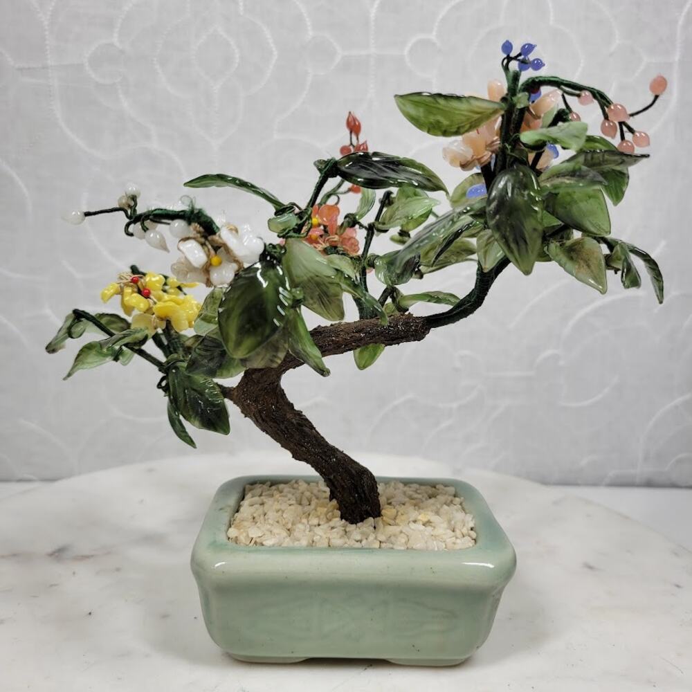 Vintage Bonsai Tree Jade Glass 8" Japanese Oriental Flower Blossom Ceramic Pot